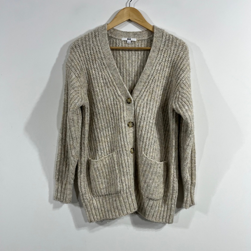 Uniqlo Beige Fisherman Ribbed Chunky Thick Knit Cardigan Sweater XS Granola Boho
